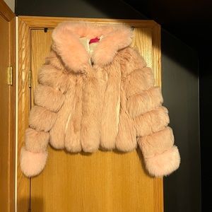 Real pink fox fur &leather jacket w/hood sz small short jacket